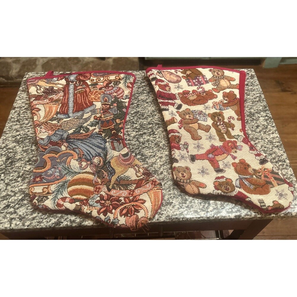 Pair Vintage Woven Tapestry Christmas Stockings Teddy Bear & Santa Scene As Is